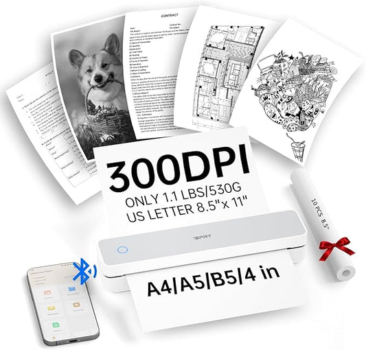 iDPRT Portable Thermal Printers Small Compact Inkless Wireless Printer for Home, Office & Vehicles, 300DPI, Support 8.5" x 11" Length US Letter A4&A5 Size, for Smartphone, PC, Black White Printing