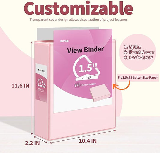 SUNEE 3 Ring Binder 1.5 Inch D Ring, Clear View Binder Three Ring PVC-Free (Fit 8.5x11 Inches) for School Binder or Office Binder Supplies, Assorted Pastel Binder, 4 Pack