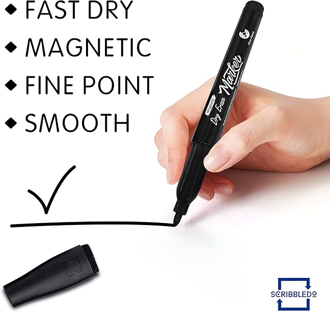 Scribbledo 12 Pack Magnetic Dry Erase Markers Black Fine Tip Whiteboard Markers with Eraser Cap Thin Low Odor Skinny White Board Markers for Adults Students Teachers Kids Art Home School & Office