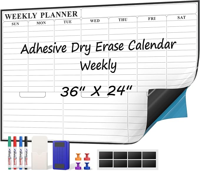 MaxGear 36"x24" Adhesive Dry Erase Calendar Weekly Whiteboard for Wall, Office, Classroom, Home, Drill-Free Installation, 1 Marker Holder, 4 Markers, 1 Eraser, 6 Magnets, Smooth Writing & Erasing