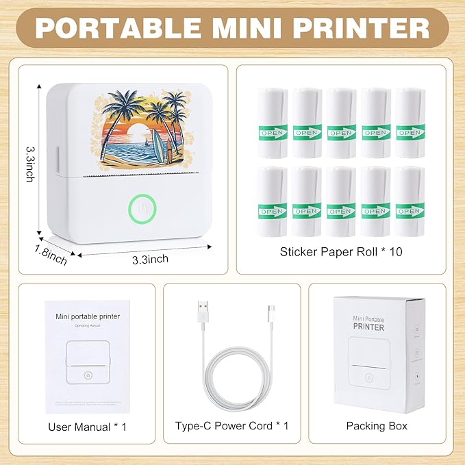 Print Pods Mini Printer, Thermal Inkless Sticker Maker with 3 Rolls Paper, Pocket Printpod for Phone, Impresora Portátil for Notes, Flashcards, Journal, DIY (Calif Beach)