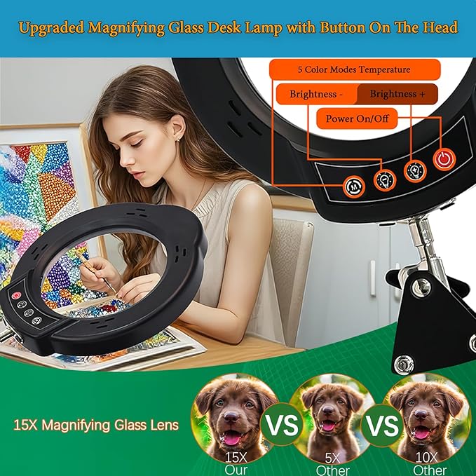 15X Magnifying Glass Desk Lamp with Metal Base, 5 Color Modes 10 Levels Adjustable Brightness, 360° Rotatable Flexible Aluminum Arms – Ideal for Reading, Crafting, Close Work, Eye-Caring Table Lamp