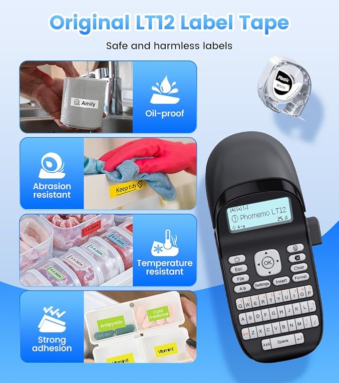 Phomemo LT12 Label Maker Machine with Tape, Rechargeable Label Makers with Waterproof Labels Portable Bluetooth Handheld Labeler with QWERTY Keyboard & 1600+ Icons, 30+ Fonts, for Home, Office, Gray