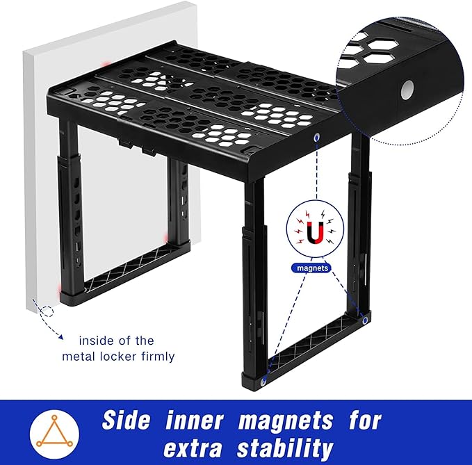 Locker Organizer Shelf， Adjustable Width and Height, Stackable, Ideal Locker Shelf for School, Office, Gym Lockers, or Even Kitchen Cabinets & Under Sink Organization (Black)