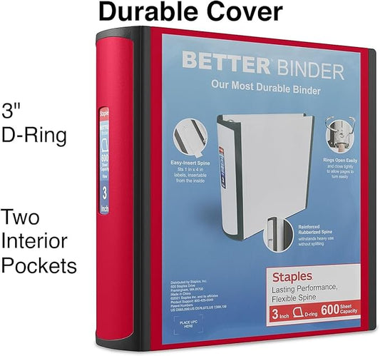 Staples 807717 Better 3-Inch D 3-Ring View Binder Red (18367)