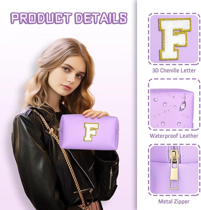 TOPEAST Small Makeup Bag Initial Cosmetic Bag Travel Toiletry Bag, Personalized Birthday Gift for Mom Sister Friends Teacher Nurse, Preppy Travel Stuff for Girls (Purple O)