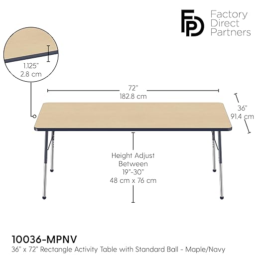 Factory Direct Partners FDP Rectangle Activity School and Office Table (36 x 72 inch), Standard Legs with Ball Glides, Adjustable Height 19-30 inches - Maple Top and Navy Edge
