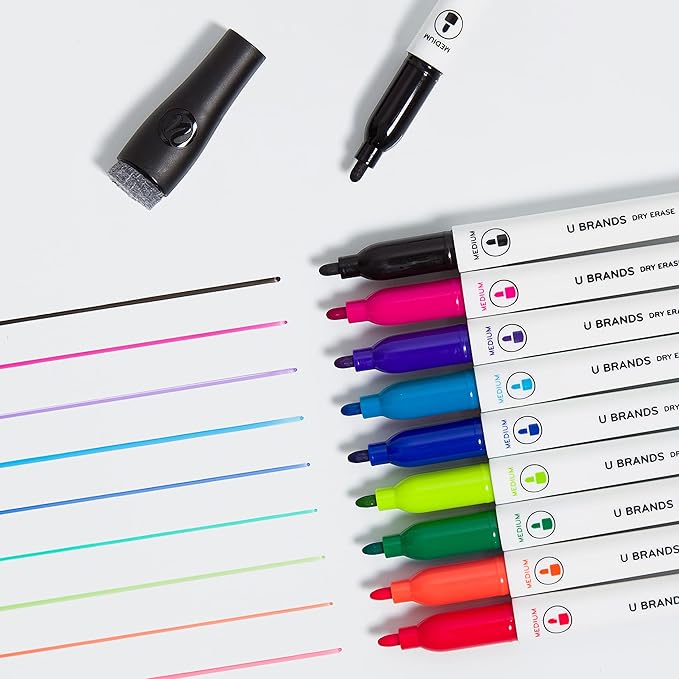 U Brands Low-Odor Dry Erase Markers With Erasers, Set of 10, Assorted Colors, Medium (2mm) Point (Pack of 2)