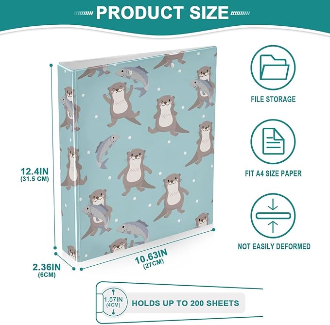 Cute Animal Otter Decorative 3 Ring Binder 2 Inch Large View Binders with Pockets File Organizer for Office College School, 1Pack