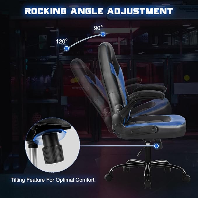 DUMOS Gaming Ergonomic Office Chair for Adults, Height Adjustable Computer Desk Chair with Flip-up Armrests, PU Leather Swivel Video Game Chair with 360° Rolling Wheels, Blue