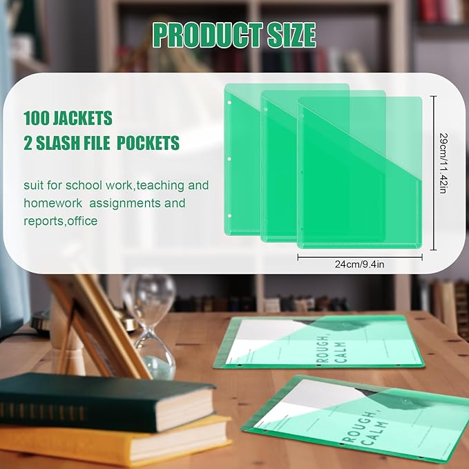 Seajan 100 Pcs Pocket Folders for 3 Ring Binder Clear Plastic Folders Sleeves with 2 Pockets 3 Hole Punch Binder Dividers Poly Slash File Jackets for Office School Document Organizer (Green)