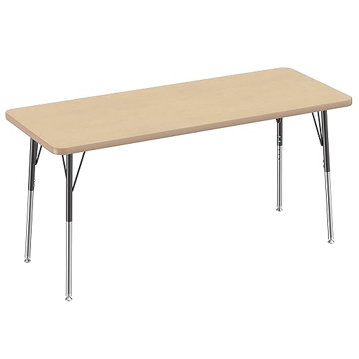 FDP Rectangle Activity School and Office Table (24 x 60 inch), Standard Legs with Swivel Glides, Adjustable Height 19-30 inches - Maple Top and Maple Edge