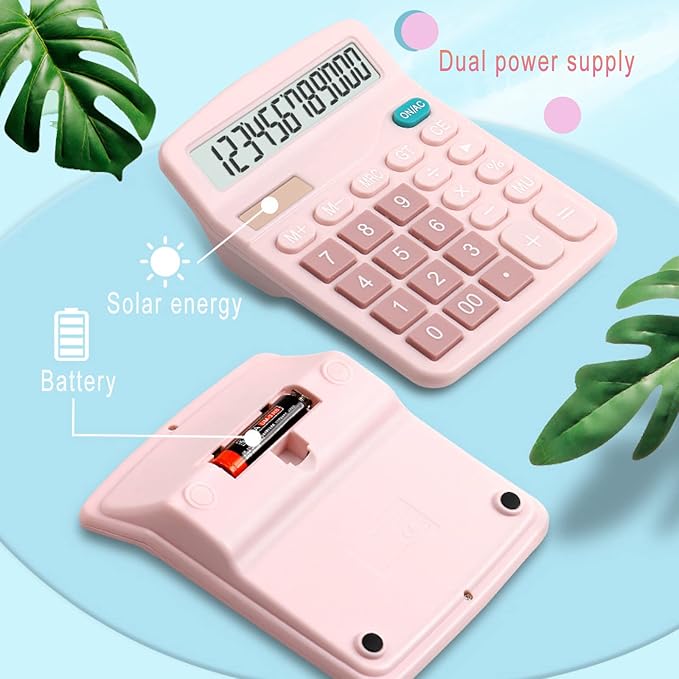 YOUHO Pink Office Desk Calculator, 12-bit Solar Battery Dual Power Standard Function Electronic Calculator with Large LCD Display (1PACK，Pink)