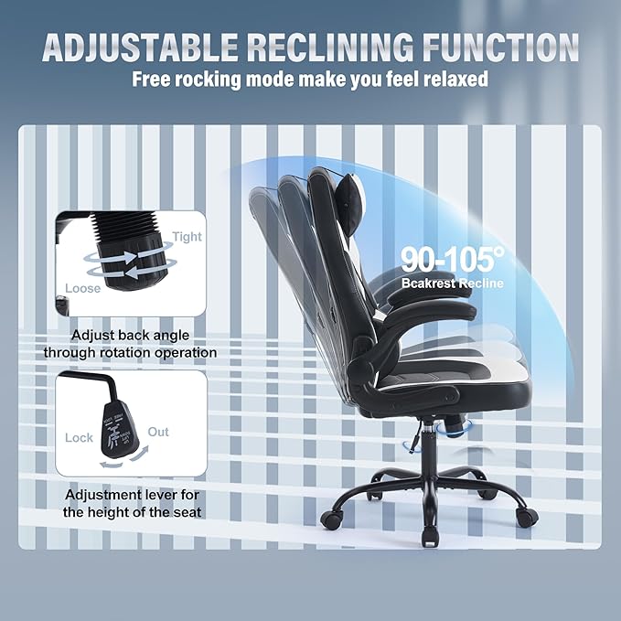 DUMOS Ergonomic Gaming Office Desk Chair with Flip-up Armrests for Adults, Height Adjustable PU Leather Video Game Computer Chair with 360° Rolling Wheels for Home and Office, Black White