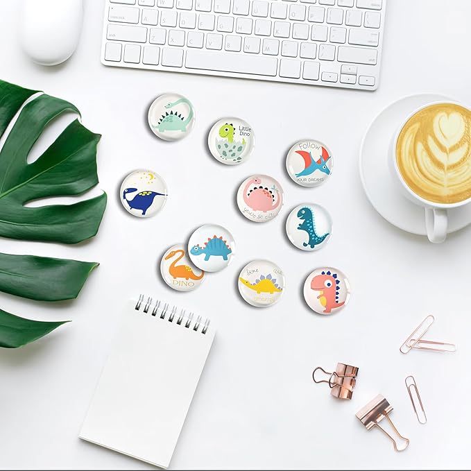 Cute Fridge Magnets, Round Crystal Glass Refrigerator Magnetic for Kitchen & Office Whiteboard Locker Accessories (16Pcs Dinosaur)