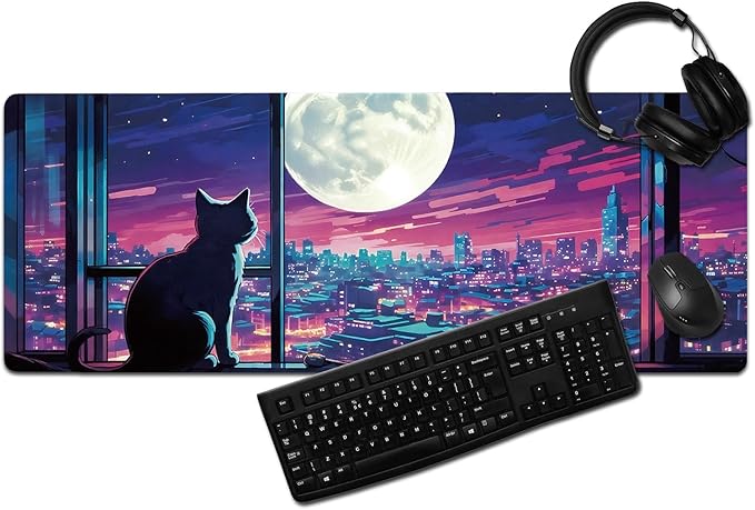 Cool Purple Moom Cat Mouse Pad, City Cats Busy Night Scene Mousead - Large Non-Slip Desk Mat for Office, PC, Laptop - 31.5"x11.8" x 3mm