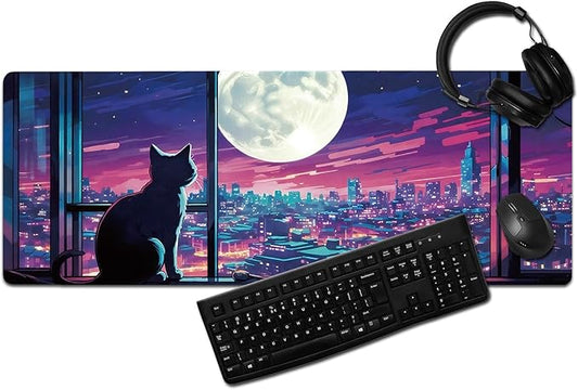 Cool Purple Moom Cat Mouse Pad, City Cats Busy Night Scene Mousead - Large Non-Slip Desk Mat for Office, PC, Laptop - 31.5"x11.8" x 3mm