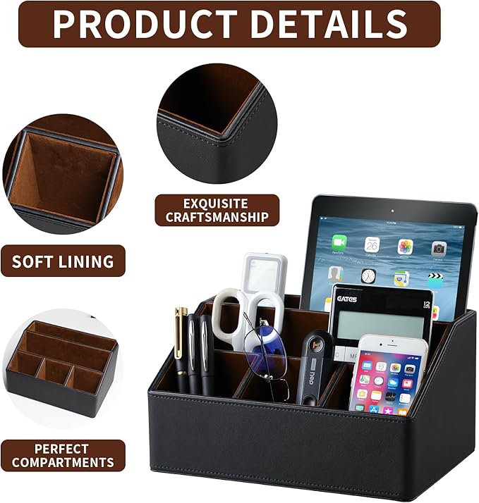 Remote Control Holder with 5 Compartments for Office Art Supplies, PU Leather Nightstand Organizer Pencil Pen Desk Caddy for Home, Desktop TV Remote Control Organizer Storage (Black)
