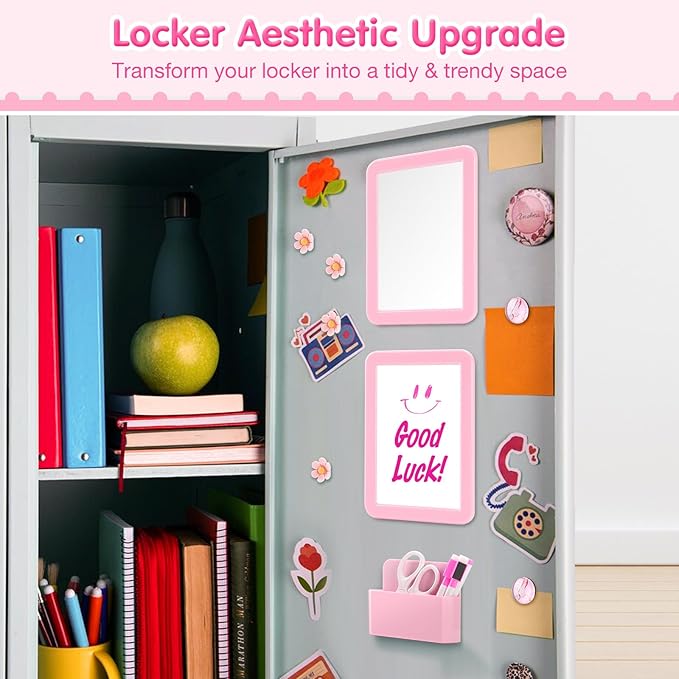 MoKo Locker Accessories Set, 15PCS Back to School Supplies Includes Magnetic Mirror, Whiteboard, Markers, Pen Holder, and Magnets, Locker Organizer for School Office (Pink)