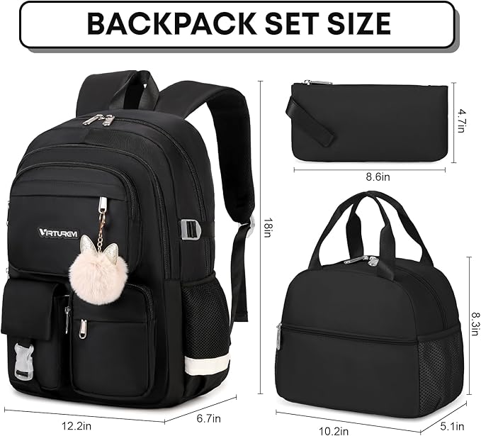 3PCS School Backpack For Student Women College Middle High Teen Girls Bookbag Waterproof Laptop Bag Black