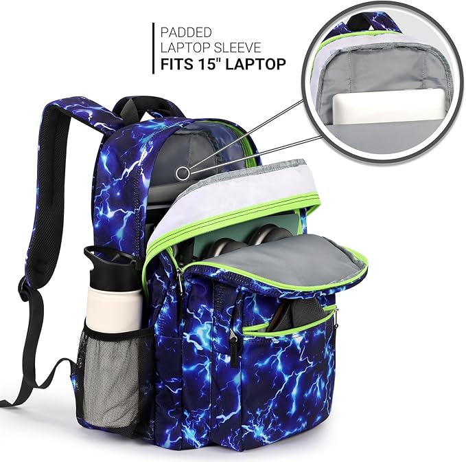 ZORFIN 26L Backpack for School, College, and Travel: Water Resistant Bookbag with 8 Compartments - Blue Lightning