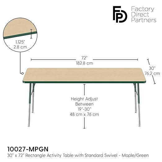 FDP Rectangle Activity School and Office Table (30 x 72 inch), Standard Legs with Swivel Glides, Adjustable Height 19-30 inches - Maple Top and Green Edge