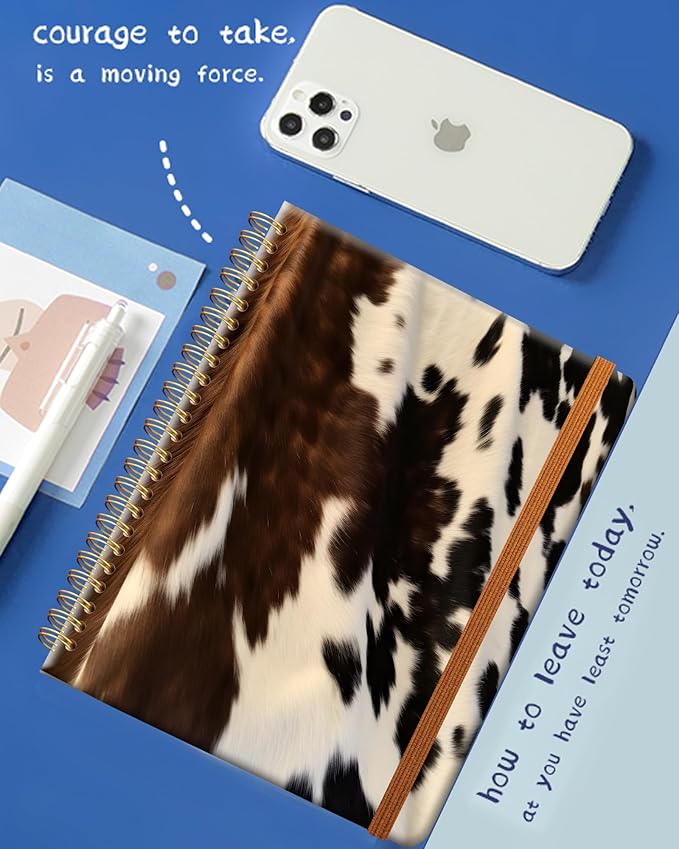 Ruled Spiral Writing Notebook,A5 Hardcover Lined College Journal for Women Lady Girl,Strong Twin-Wire Binding with Premium Paper,8.4" X 6",Perfect for School,Office,Home Gifts(western cow cowhide)