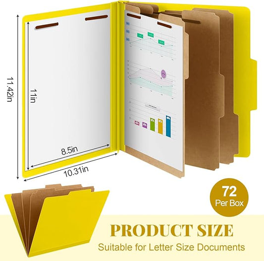72 Pcs Classification Folders Letter Size, 3 Divider Pressboard File Folder with Fasteners, Expanding File Organizer Bulk for Teachers, Clergy, Office, Church, Christmas Donations (Yellow)