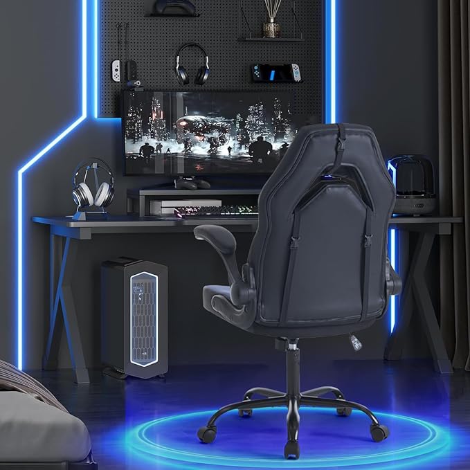 DUMOS Ergonomic Gaming Office Desk Chair with Flip-up Armrests for Adults, Height Adjustable PU Leather Video Game Computer Chair with 360° Rolling Wheels for Home and Office, Royal Blue