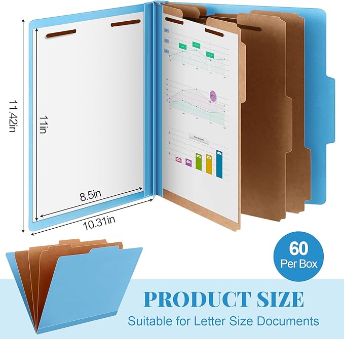 60 Pcs Classification Folders Letter Size, 3 Divider Pressboard File Folder with Fasteners, Expanding File Organizer Bulk for Teachers, Clergy, Office, Church, Christmas Donations (Blue)