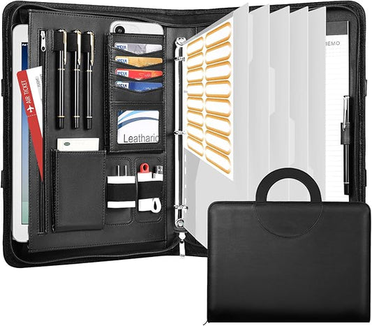 Leathario 3-Ring Portfolio Binder, Includes 5 Folder Index Dividers, 13 Inch Tablets Organizer with Handle, Vegan Leather A4 Padfolio, Multi-Pocket Notepad Business Planner Professional Document
