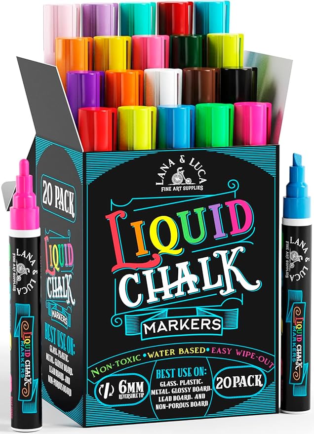 LANA & LUCA Liquid Chalk Markers for Blackboards - Bold Color Dry Erase Marker Pens - Chalk Markers for Chalkboards Signs, Windows, Blackboard, Glass - 6mm Reversible Tip (20 Pack)