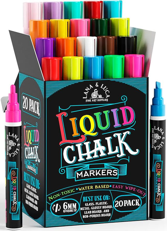 LANA & LUCA Liquid Chalk Markers for Blackboards - Bold Color Dry Erase Marker Pens - Chalk Markers for Chalkboards Signs, Windows, Blackboard, Glass - 6mm Reversible Tip (20 Pack)