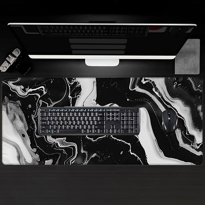 Marble Large Gaming Desk Mat,Rubber Non-Slip Black and White Mouse Pad,31.5x11.8x0.12in Extended Abstract Mousepad,Game Lover Mice Pads Gifts,Office Home Deskmat Decor