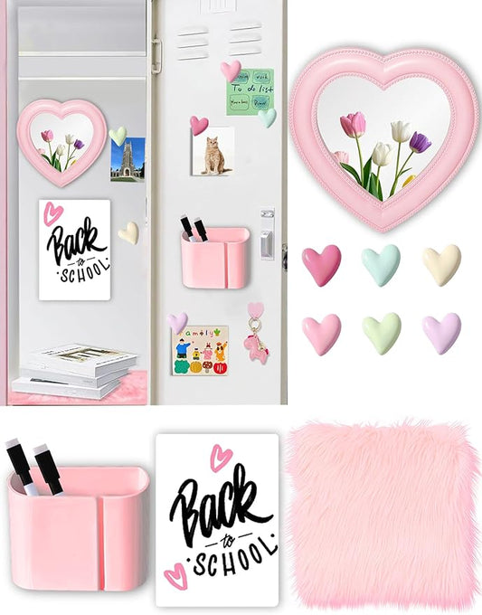 Pink Locker Accessories Kit for Girls with Haert Locker Mirror, Pen Holder, Magnetic Whiteboard, Rug, Magnets, 12 Piece Locker Organizer & Decorations for School Work Locker, Back to School Essentials