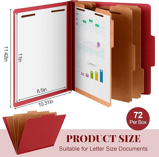 72 Pcs Classification Folders Letter Size, 3 Divider Pressboard File Folder with Fasteners, Expanding File Organizer Bulk for Teachers, Clergy, Office, Church, Christmas Donations (Red)