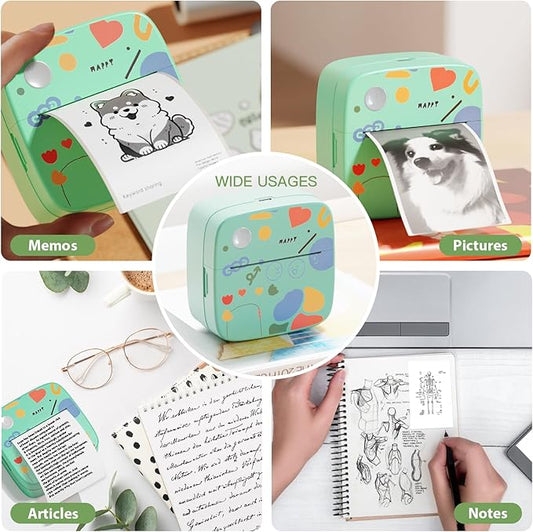 Wireless Printer with 9 Rolls Thermal Paper, Bluetooth Portable Thermal Printer Compatible with iOS & Android, Pocket Inkless Mini Sticker Printer, Label Maker Machine for Study, Journal, Memo, Green