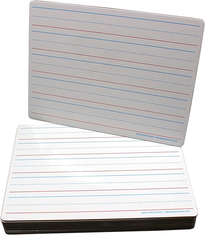 Flipside Products 9" x 12" Two Sided Dry Erase Red & Blue Lined, Color Markers and Erasers, Ruled, Learn to Write, Writing Practice, Pack of 12