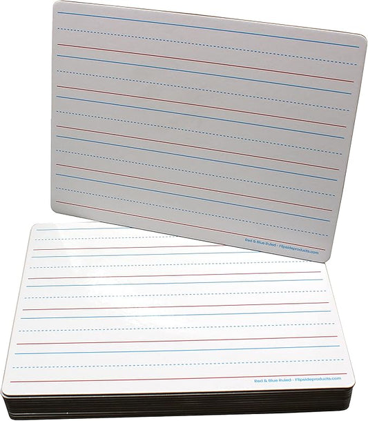 Flipside Products 9" x 12" Two Sided Dry Erase Red & Blue Lined, Color Markers and Erasers, Ruled, Learn to Write, Writing Practice, Pack of 12