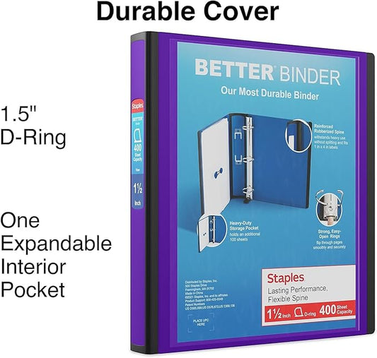 Staples 827604 1.5-Inch 3-Ring Better Binder Purple (19061)