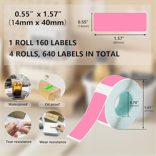 Thermal Label Tape Colored 14x40mm Pink Printable Return Address Labels 14mm Waterproof Stickers Compatible with D30 Portable Thermal Printer, 4 Rolls, 640pcs, 0.55"x1.57"