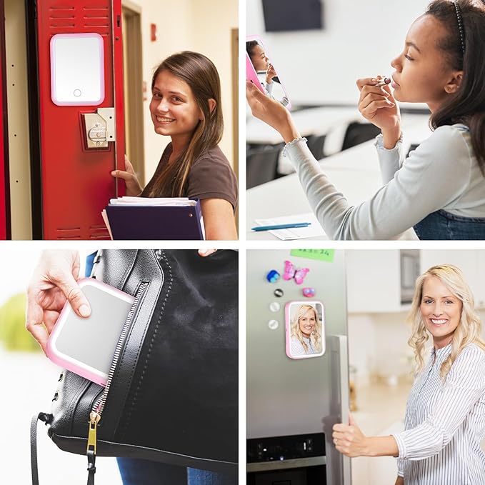 Sintuff 2 Pcs Light Up Locker Mirror Accessories Rectangular Magnetic Mirror for Locker, Bathroom, Household Refrigerator, Workshop Toolbox or Cabinet(Pink)