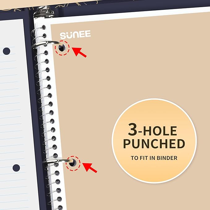 SUNEE Spiral Notebooks College Ruled, 1-Subject, 4 Pack, 8 x 10-1/2 inch, 70 Sheets, 3-Hole Punched Paper, Green, Grey, Beige, Red for Work, Home & School, Writing Journal
