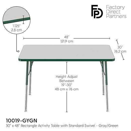 FDP Rectangle Activity School and Office Table (30 x 48 inch), Standard Legs with Swivel Glides, Adjustable Height 19-30 inches - Gray Top and Green Edge