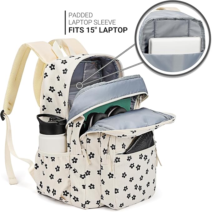 ZORFIN 26L Backpack for School, College, and Travel: Corduroy Bookbag with 8 Compartments - Floral