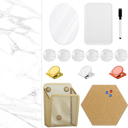 Harloon 15 Pcs Locker Decoration and Organizer Kit Locker Wallpaper Magnetic Pen Holder and Mirror Whiteboard Marker Cork Board with 3 Push Pins 3 Magnetic Clip 6 Magnets(White Marble Texture)