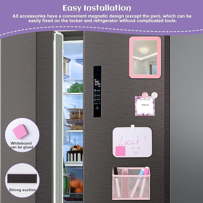 abcGoodefg Pink Magnetic Locker Accessories for Girls, Locker Organizer and Decoration with Locker Mirror, Whiteboard and Pen Holder Markers Magnet and Eraser for School Locker Back to School Stuff