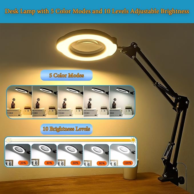 15X Magnifying Glass Desk Lamp with Metal Base, 5 Color Modes 10 Levels Adjustable Brightness, 360° Rotatable Flexible Aluminum Arms – Ideal for Reading, Crafting, Close Work, Eye-Caring Table Lamp