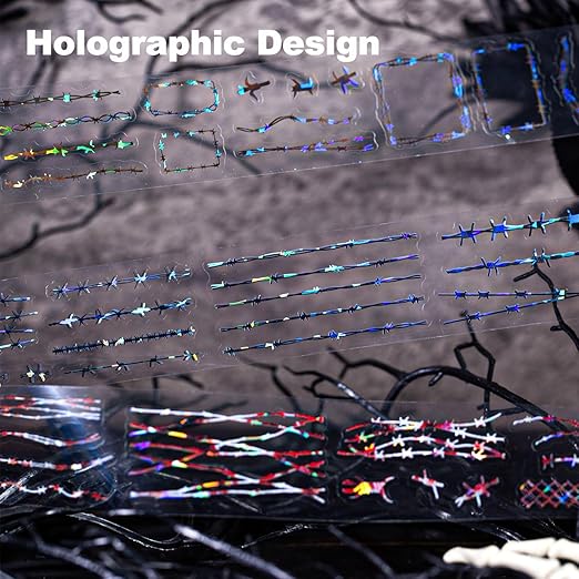 6 Rolls Thorn Vine PET Tapes Set, Holographic Pre-Cut Stickers for Journaling, Scrapbooking, and DIY Crafts, with Decorative Clip