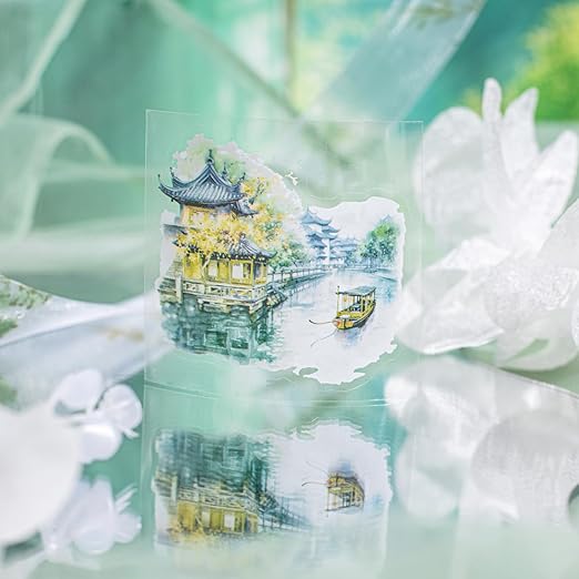 6 Rolls Garden Courtyard Landscape PET Tape Set, Pre-Cut Scenery Stickers for Journaling, Scrapbooking, and DIY Crafts, with Decorative Clip